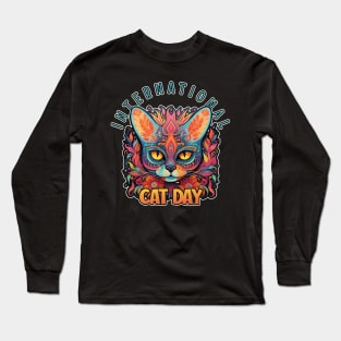 International Cat Day Sugar Skull Cat Lover Long Sleeve T-Shirt